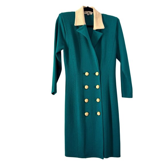 VTG St. John By Marie Gray Teal Knit Mid Dress Cream Collar & Gold Button, Sz 4 - Picture 1 of 7